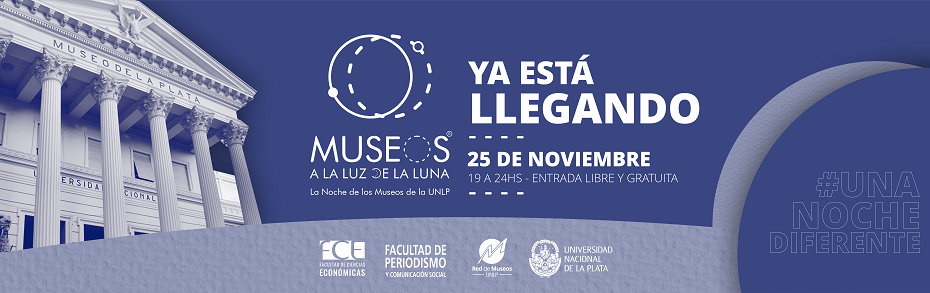 La difusión de la información del evento de los Museos a la Luz de la Luna està realizado en tonos de azules, grises y blancos. Tiene una foto del Museo de Ciencias Naturales de La Plata.